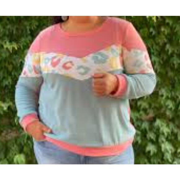Colorful Pastels Funky Long Sleeve Sweatshirt 80s Vibe Cheetah Print Size Large - Picture 1 of 6